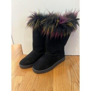 Bamboo Boots Womens Size 7.5 Black Faux Fur Winter Rainbow Trim Pull On Cozy